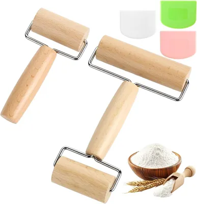 Image de Ensemble de rouleaux à pâtisserie 5 pièces, en bois, avec raclettes, pour la pizza