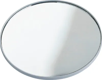 A round cosmetic mirror with a silver frame.