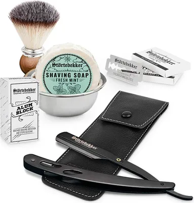 Produktbild von Rasierset - Rasiermesser Schwarz – Lederetui Schwarz - Fresh Mint