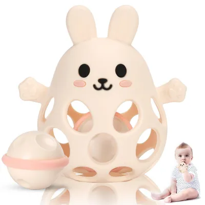 Produktbild von Silikon Babyrassel Hühnchen Beißring beige