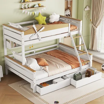 Produktbild von okwish Etagenbett Stockbett 90x200cm&140x200cm mit Windmühle und Regalen, Hochbett mit Rausfallschutz und vierstufigen Schrägleiter, Massivholzbett Kinderbett Bettgestell mit Windmühle und Schubladen, Weiß+Natur