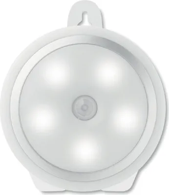 A white LED night light with a motion sensor is shown against a white background.