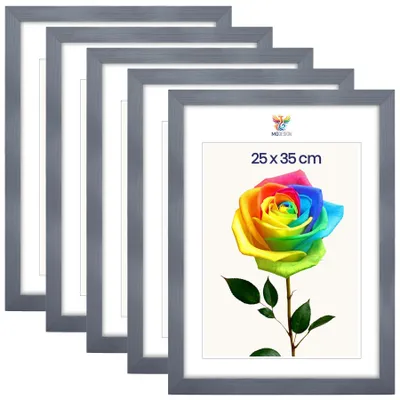 Obrázok produktu pre MG Design, súprava 5 kusov rámov na obrázky, 25 x 35 cm – fotorámiky so šedým dreveným rámom a nárazuvzdorným akrylovým sklom, vhodné na zavesenie aj na postavenie (vertikálne aj horizontálne)