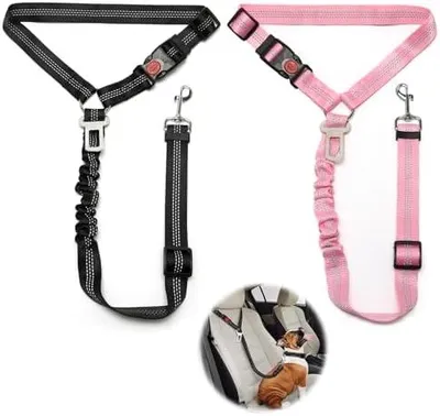 Produktbild von 2 Stück Verstellbarer Hundegurt fürs Auto, Sicherheitsgurt Hunde mit Ruckdämpfer Elastisch, Hunde Sicherheitsgurt Auto für Kleine Mittelgroße große Hunde und Alle Autotypen, Schwarz + Rosa