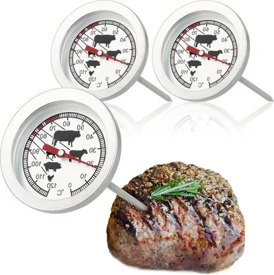 Immagine prodotto di Termometro per carne in acciaio - termometro analogico per carne fino a 120 °C - termometro da barbecue - sonda per carne - 10 cm - 3 pezzi