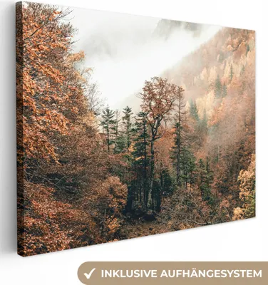 Produktbild von MuchoWow® - Leinwandbilder - Natur - Wald - Nebel - Herbst, Wandbild, Wanddeko Bilder Wohnzimmer, 120x90 cm