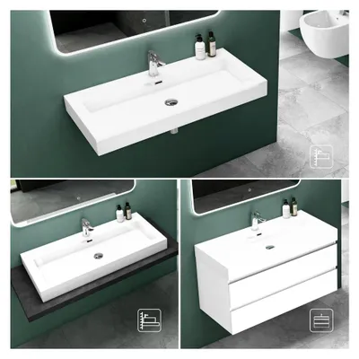 Produktbild von Waschbecken Hängewaschtisch Aufsatzwaschbecken Mineralguss Weiß 1 Armaturenloch rechteckig 60 cm