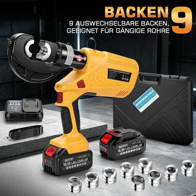 Image de Pince à sertir pour tubes en cuivre, avec 9 matrices de sertissage, 2 batteries et un chargeur, adaptateurs pour les raccords V et TH, inserts de matrices de contour, presse-étaux électrohydraulique, pince à sertir