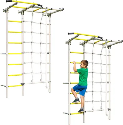 Produktbild von Sprossenwand für draußen Klettergerüst aus Holz mit Gymnastikseil Next Outdoor, gelb und silber