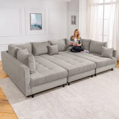 Produktbild von riess-ambiente Moderne XXL Wohnlandschaft KENT 305cm greige Cord inkl. Hocker Federkern Sofa Couch Bigsofa