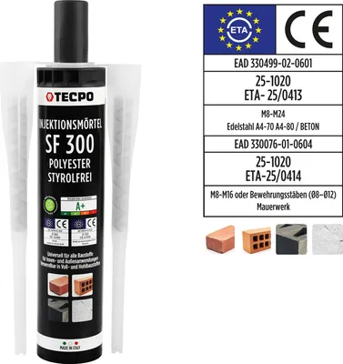 Produktbild von TECPO Injektionsmörtel SF, 300 ml inkl. Statikmischer Vebundsmörtel Ankerkleber Verbundsanker Universalmörtel für Innen & Aussen