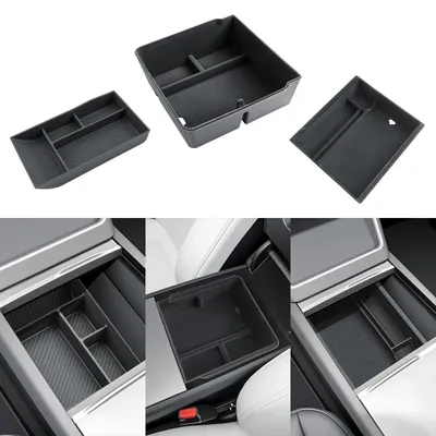 Image de Organisateur pour console centrale, lot de 3, compatible avec les modèles Tesla Model Y de 2025 à 2026, en silicone, ABS et velours