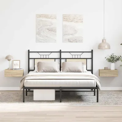 A bedroom scene with a bed and two floating nightstands.