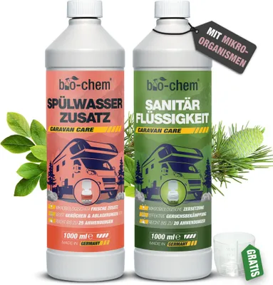 Produktbild von bio-chem Campingtoiletten-Set 2-teilig: Bio Sanitärflüssigkeit 1 l + Spülwasserzusatz inkl. Dosierbecher – Toilettenzusatz mikrobiologisch für Mobile Toiletten & Campingtoiletten – WC-Reiniger