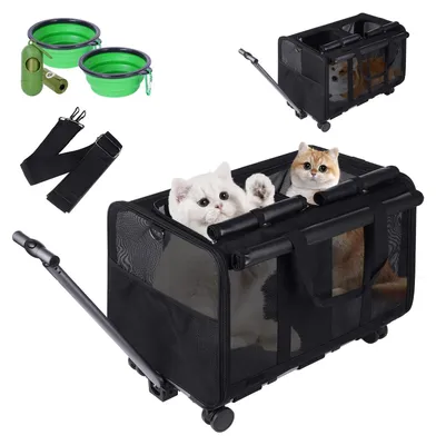 Imagen del producto de Transportadores grandes para mascotas con dos compartimentos, ruedas desmontables, plegables, para gatos y perros