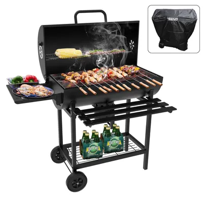 Produktbild von TEENO Grill Grillwagen BBQ Smoker Holzkohlegrill mit Deckel,Brathähnchen-Gestell,Rädern,Edelstahl-Griff,Grillrost und Thermometer