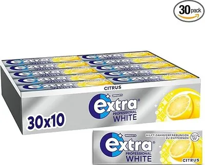 A display box of Wrigley's Extra Professional White Citrus chewing gum.