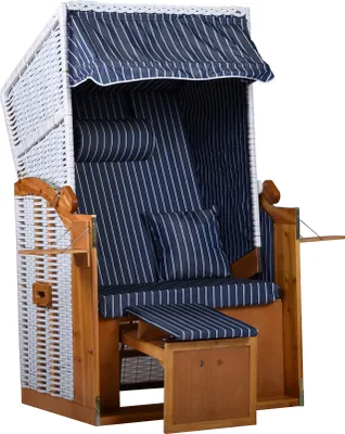 Produktbild von Webavita Strandschönheiten Ava Strandkorb Ostsee Single Vollholzfront außen weiß innen blau weiß Nadelstreifen Balkone Terrassen Garten Lounge