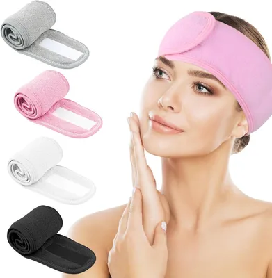 Imagen del producto de Paquete de 4 bandas para el cabello, de microfibra, ajustables con cierre de velcro, para el cuidado de la piel