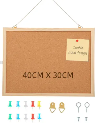 Zdjęcie produktu dla Tablica korkowa z drewnianą ramą, 40 x 30 cm, z 5 kołkami, idealna do biura i domu
