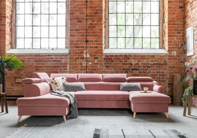 Produktbild von MIUFORM Sweet Harmony - Ecksofa mit Bettfunktion und Bettkasten U-FORM LINKS - 321x208cm - Velours Puderrosa - Sofa Schlafsofa Couch