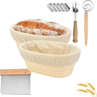 Image de Kit de démarrage pour levain - 2 pièces : moule à pain rond de 25 cm et ensemble complet d'accessoires de boulangerie - Panier de fermentation en rotin fait main - Kit de boulangerie pour débutants et four - Outils de boulangerie