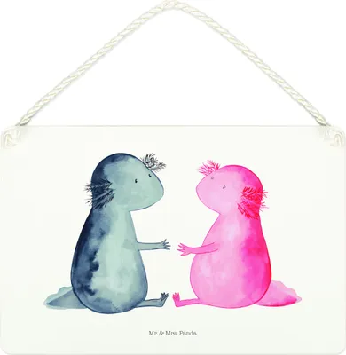 Produktbild von Mr. & Mrs. Panda Schild Axolotl Liebe DIN A4 - Weiß - Geschenk, Holzschild, holzbild, wandtafel, Valentinstag, Jahrestag, Türschild, Wandschild