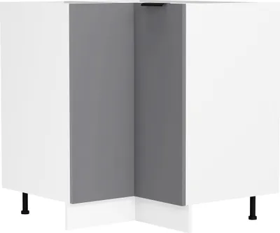 A corner kitchen cabinet with white and gray doors, standing on black legs.