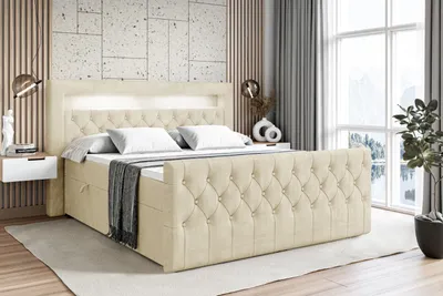 Produktbild von ALTDECOR Boxspringbett mit LED-Beleuchtung Matratze (20 cm hoch) und Topper (4 cm hoch), Polsterbett mit Kopfteil und Bettkasten - AURORA - 200x200 - H4 / Beige Samt