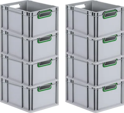 Produktbild von SuperSparSet 8x Eurobox NextGen Color | HxBxT 22x30x40cm | 20 Liter | Griffe grün offen | Glatter Boden | Grau | Eurobehälter, Transportbox, Transportbehälter, Stapelbehälter
