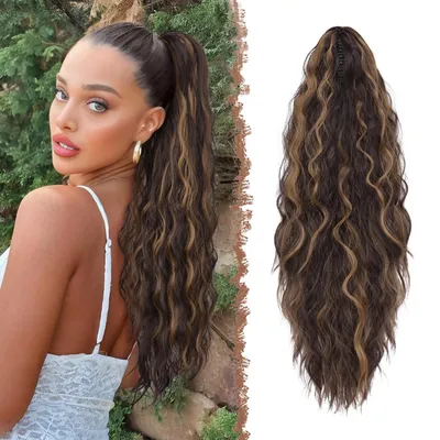 Obrázok produktu pre Koňský chvost s gumičkou, vlnitý, kučeravý, syntetický, 65 cm, tmavohnedá/blond