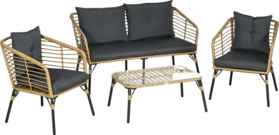 Produktbild von Outsunny 4 tlg. Gartenmöbel-Set, Rattan Sitzgarnitur mit Kissen, Sitzgruppe mit 3 Sesseln, 1 Couchtisch, Balkonmöbel im Boho-Stil für 4 Personen, Sand+Dunkelgrau