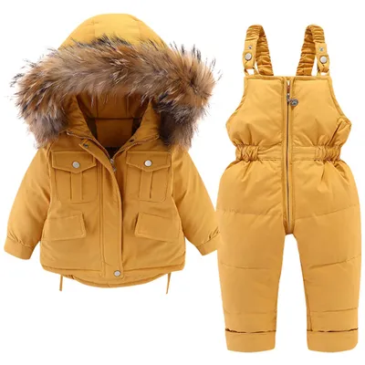 Produktbild von Baby Daunenjacke und Daunenhose 2PCS, Mädchen Jungen Winter Mantel mit Kapuze Kinder Skianzüge (Gelb,90cm)