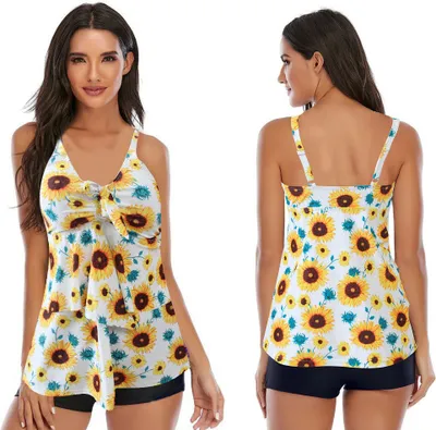 Produktbild von Topchances Plavky Dámské plavky Tankini Bikini Set s plaveckými šortkami Dvoudílné plavky, žluté květinové, velikost XL
