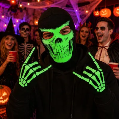 Leuchtende Skelett-Sturmhaube mit Handschuhen, Halloween-Maske