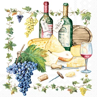 Produktbild von Servietten Papier 33x33cm 3-lagig Wein & Käse Motiv 20 Stück