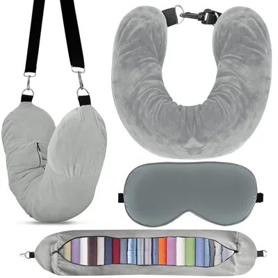 Imagen del producto de Almohada de viaje en forma de U, rellenable, de color gris, para coche y avión