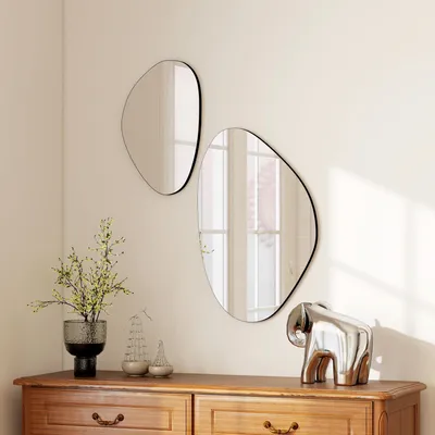 Produktbild von Wandspiegel 2er-Set Kieselform, Hängespiegel Metallrahmen MDF, Dekospiegel unregelmäßig, Schwarz | 70x46 & 49,5x31 cm | 5,5 kg