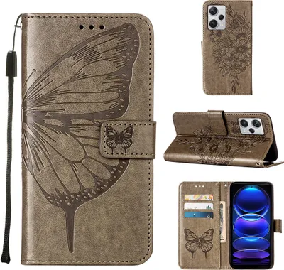 Produktbild von Lederhülle für Xiaomi Redmi Note 12 Pro+ Schmetterling Prägung Flip Ledertasche Kartenfächer Handyhülle mit Ständer Grau