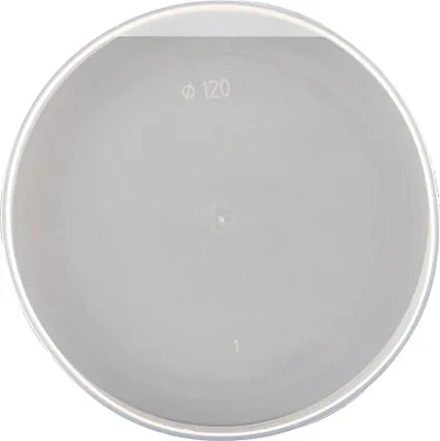 Top-down view of a round plastic lid.