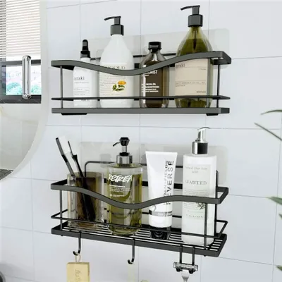 Zdjęcie produktu dla KINCMAX Premium półka prysznicowa bez wiercenia ze stali nierdzewnej - zestaw 2 sztuki - samoprzylepna półka prysznicowa z 4 haczykami - koszyk prysznicowy półka łazienkowa - półka łazienkowa - półka prysznicowa nierdzewna - czarna matowa