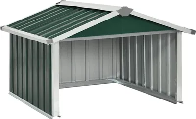 A green and gray metal shed for a lawnmower, shown from the front.
