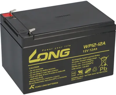 A black rechargeable battery with yellow and white text and logos.