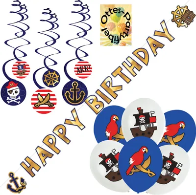 Produktbild von Piraten-Party-Set Dekoset 2  - Partykette Happy Birthday - Luftballons - Dekospiralen