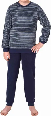 Produktbild von Jungen langarm Frottee Schlafanzug Pyjama mit Bündchen in Streifenoptik ; blau , 128