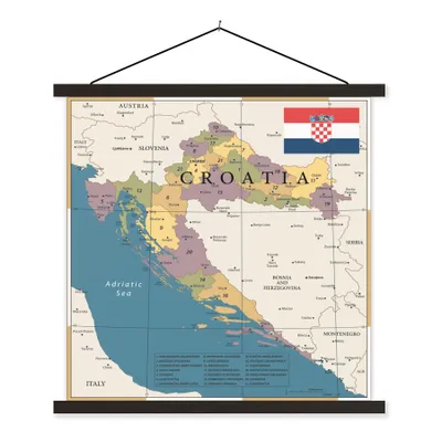 Obrázok produktu pre MuchoWow® Textilný plagát - Mapa Chorvátska s provinciami a mestami - 40x40cm - S čiernymi lamelami