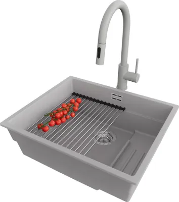 Produktbild von PRIMAGRAN Granitspüle Grau 56x47cm, Spülbecken 1 Becken + Küchenarmatur 40x20cm + Ablauf-Set + Küchenzubehörset, Küchenspüle ab 60er Unterschrank - Praga Slim