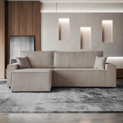 Produktbild von Ecksofa HEKTOR L-Form mit Schlaffunktion und Bettkasten, Couch in Dunkelbeige, Ottomane 70 cm