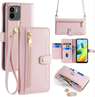 Produktbild von Handykette Xiaomi Hülle mit Band Handyhülle Kartenfächer Kunstleder Umhängetasche Redmi A1 / A2 Rosa