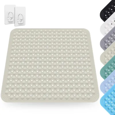 Image de Tapis de douche antidérapant, 80 x 80 cm, PVC, couleur kaki, lavable en machine, avec 2 crochets inclus